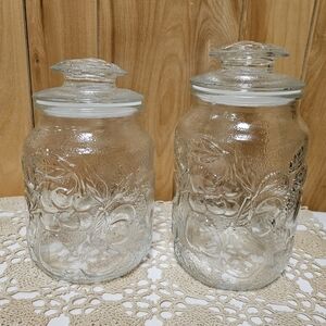 Vintage Set Of 2 Libbey Glass Orchard Embossed Fruit Clear Canisters W/Lids